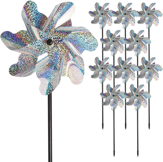 10 Pack Pre-Assemble Sparkly Reflective Pinwheels | Bird Blinder Pin Wheel