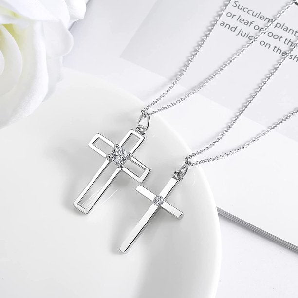 Silver Cross Pendant Necklace w/ Crystal for Couples