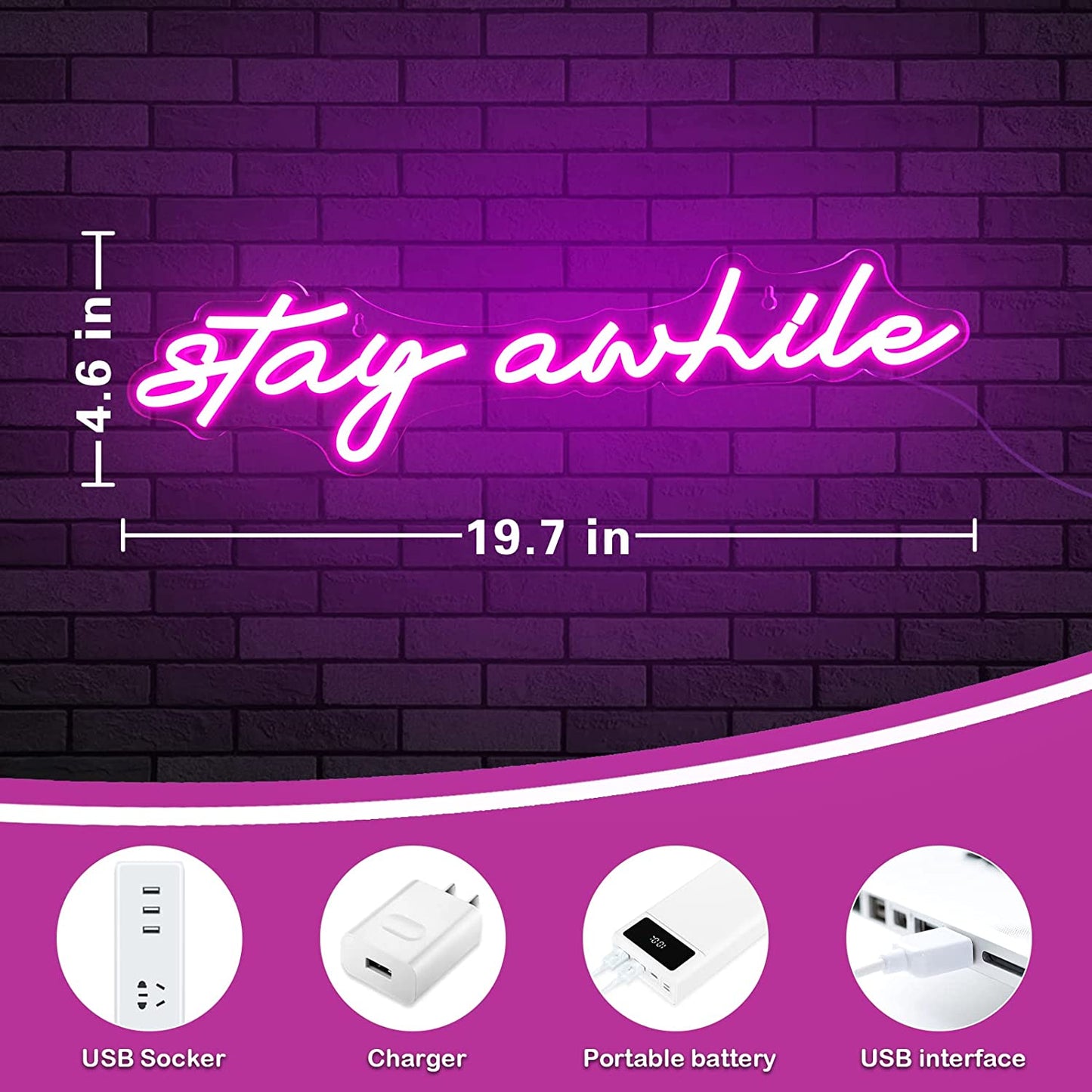 Pink Stay Awhile Neon Signs Wall Night Light Wall Decoration