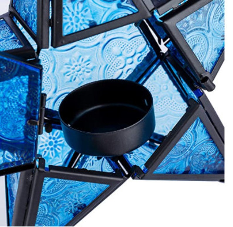 Elegant Sapphire Star Lantern and Glass Candle Holder, Vintage Blue