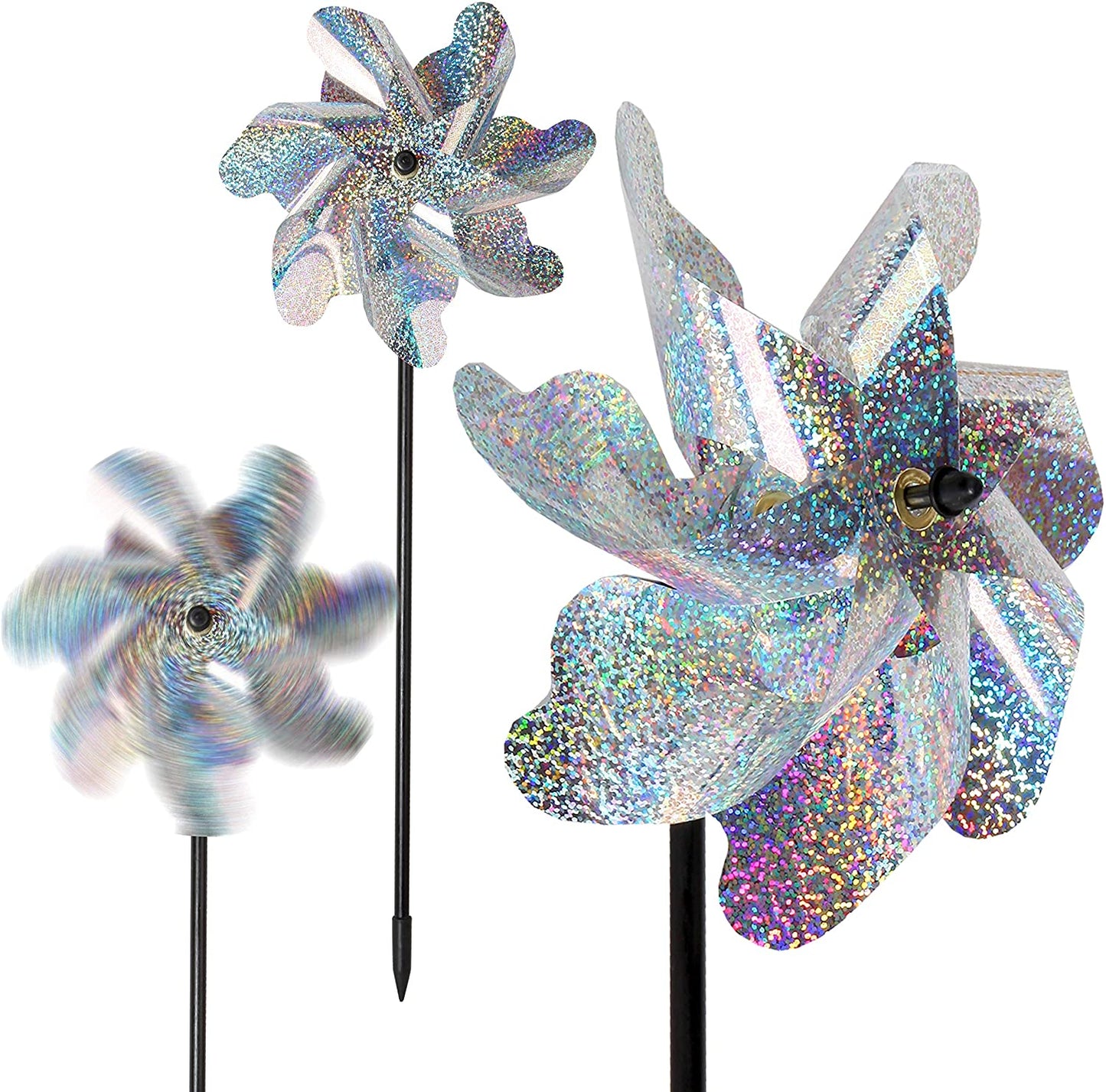 10 Pack Pre-Assemble Sparkly Reflective Pinwheels | Bird Blinder Pin Wheel