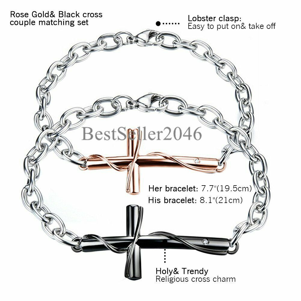 Men Women Couple Stainless Steel Faith Cross Chain Bracelet Necklace Jewelry Set