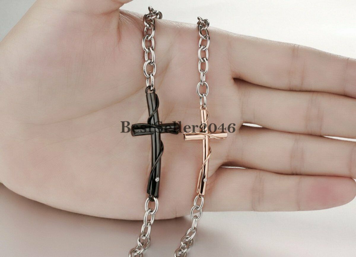 Men Women Couple Stainless Steel Faith Cross Chain Bracelet Necklace Jewelry Set