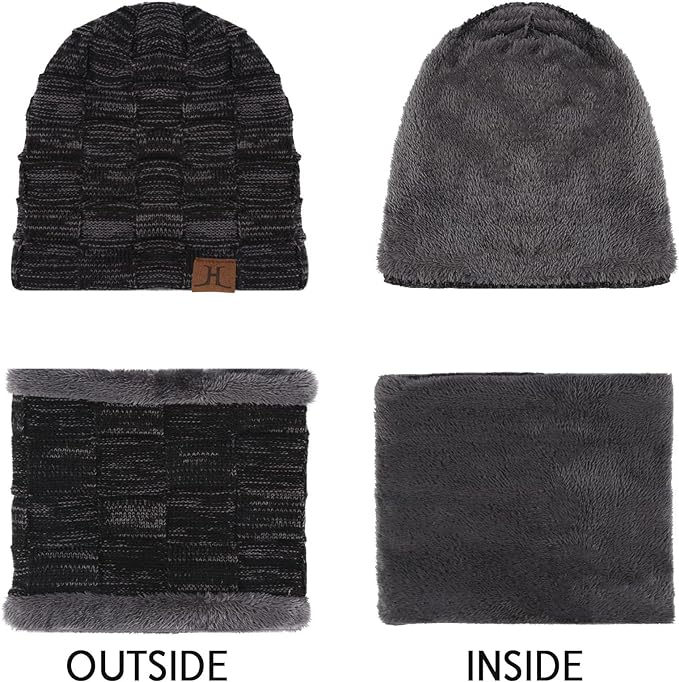Mens Winter Hats Scarf Set Warm Knit Hats Skull Cap Neck Warmer with Thick Fleece Lined Winter Hat & Scarf for Women