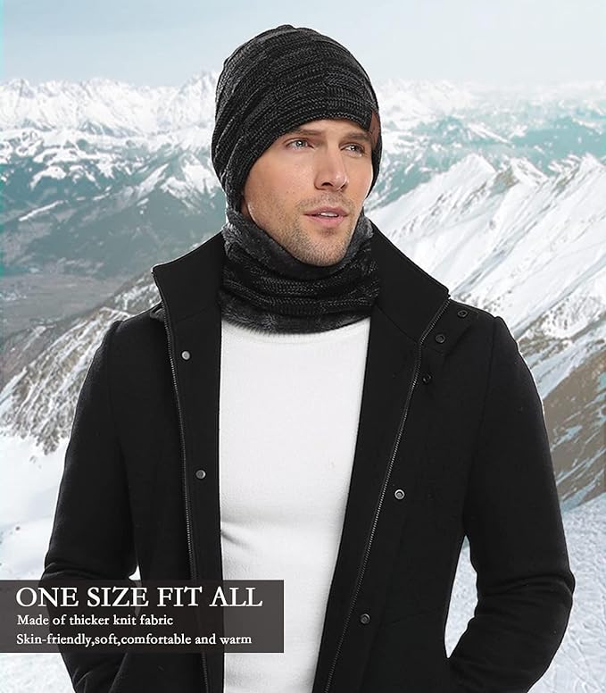 Mens Winter Hats Scarf Set Warm Knit Hats Skull Cap Neck Warmer with Thick Fleece Lined Winter Hat & Scarf for Women