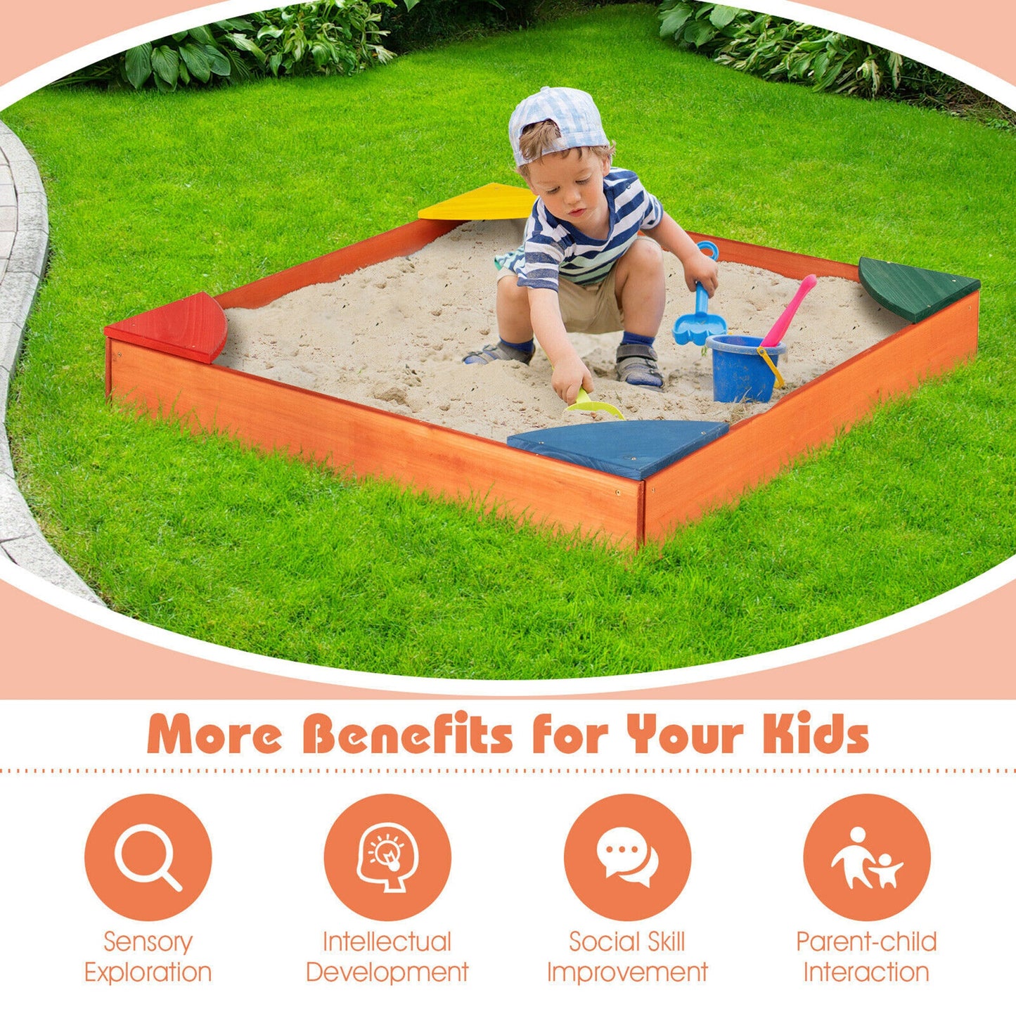 Kids Wooden Backyard Sandbox w/ Built-in Corner Seating