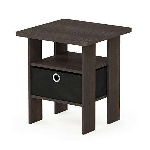 End Table Bedroom Night Stand w/Bin Drawer, Dark Brown/Black