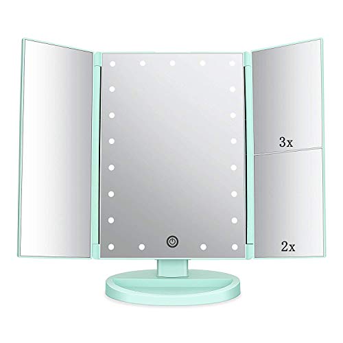 Tri-fold Lighted Vanity Makeup Mirror w/ 3x/2x Magnification, Touch Screen &180 Degree Free Rotation