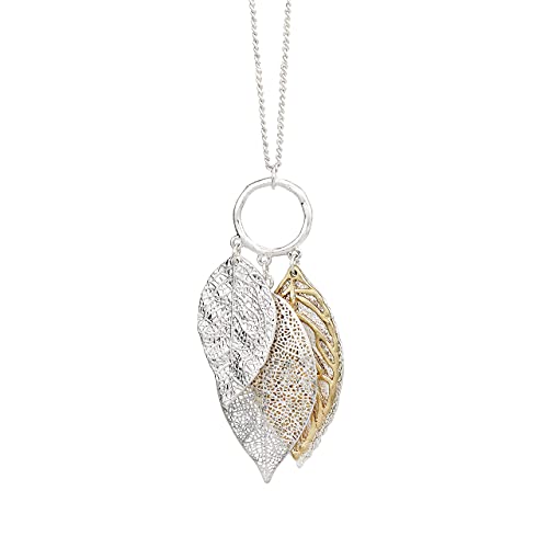 Two Tone Filigree Fall Leaf Pendant Long Necklace for Women