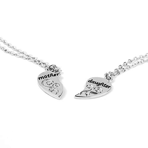 2 Pieces Silver Pendants Necklace Heart Mother& Daughter