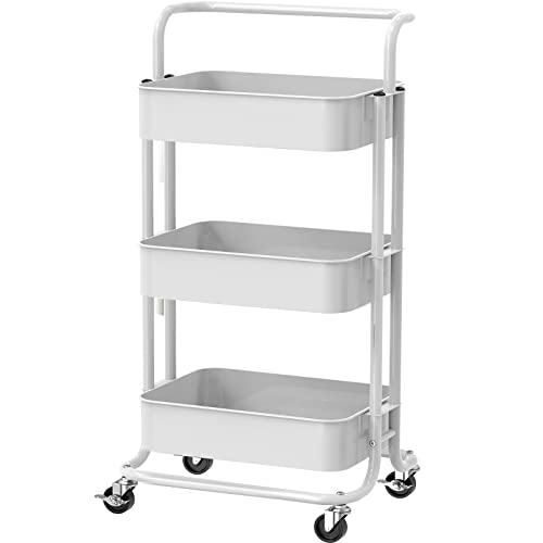 3 Tier Mesh Utility Cart, Rolling Metal Organization Cart w/ Handle and Lockable Wheels