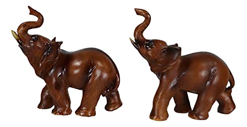 Faux Wood Feng Shui Elephant w/ Trunk Up Statue Set of 2 for Home Decoration