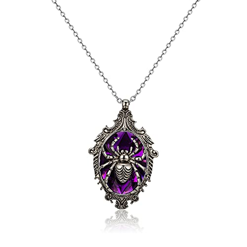 Halloween Costumes Jewelry For Women, Gothic Retro Purple Glass Stone Oval Pendant Necklace Scary Spider