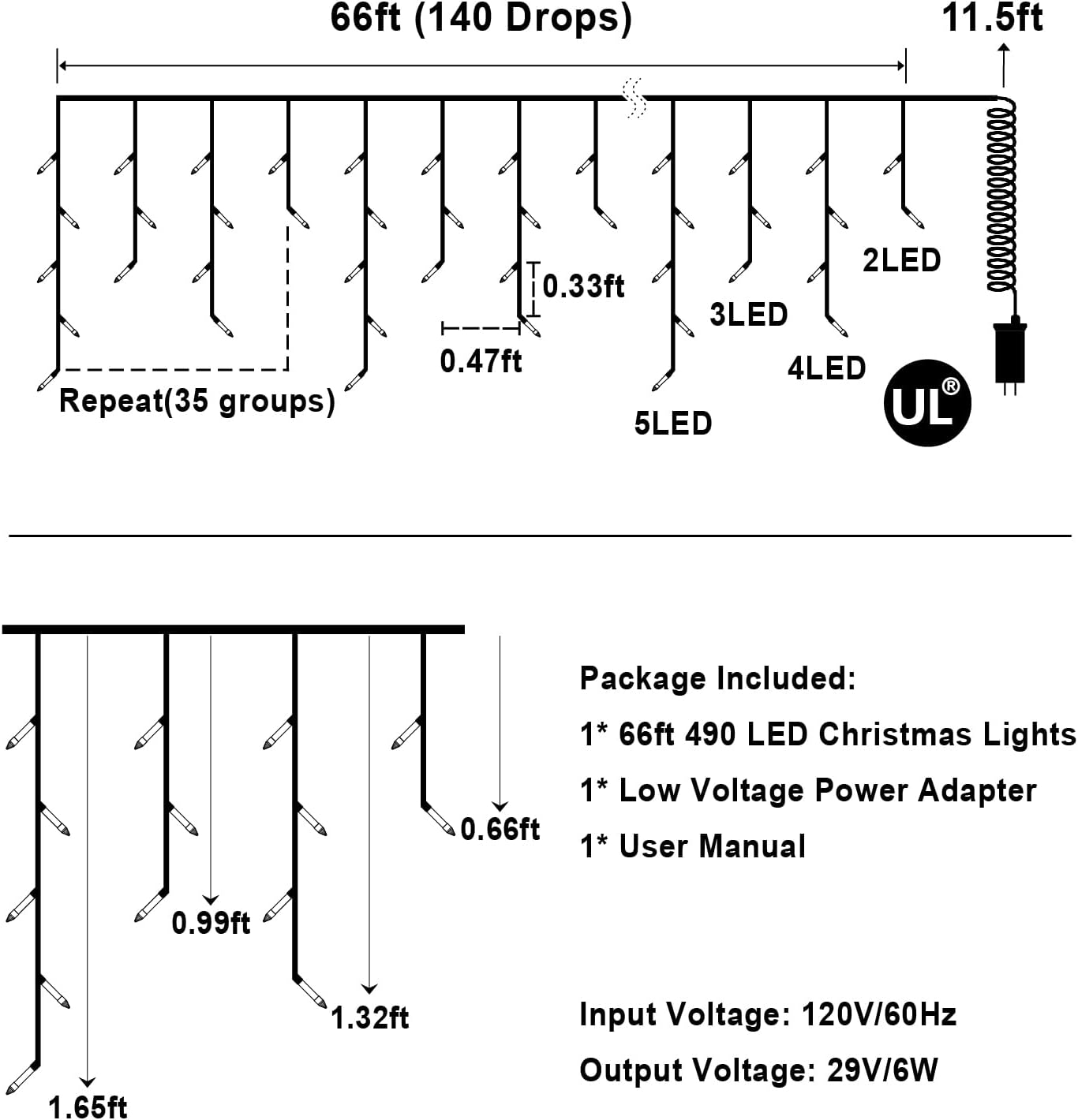 66ft LED Christmas Lights Outdoor with 140 Drops, Christmas 490 LED 8 Lighting Modes, O