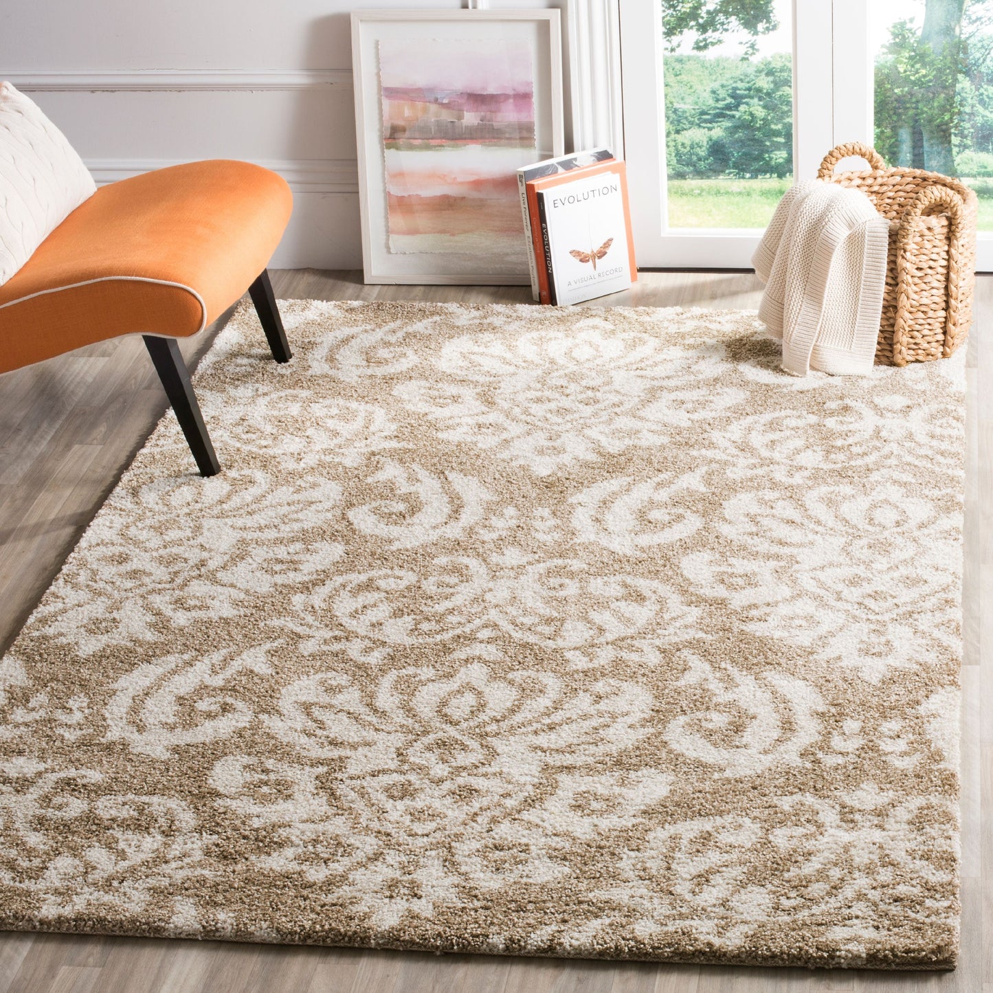 Florida Desmond Damask Plush Shag Area Rug, Beige/Cream, 3'3" x 5'3"