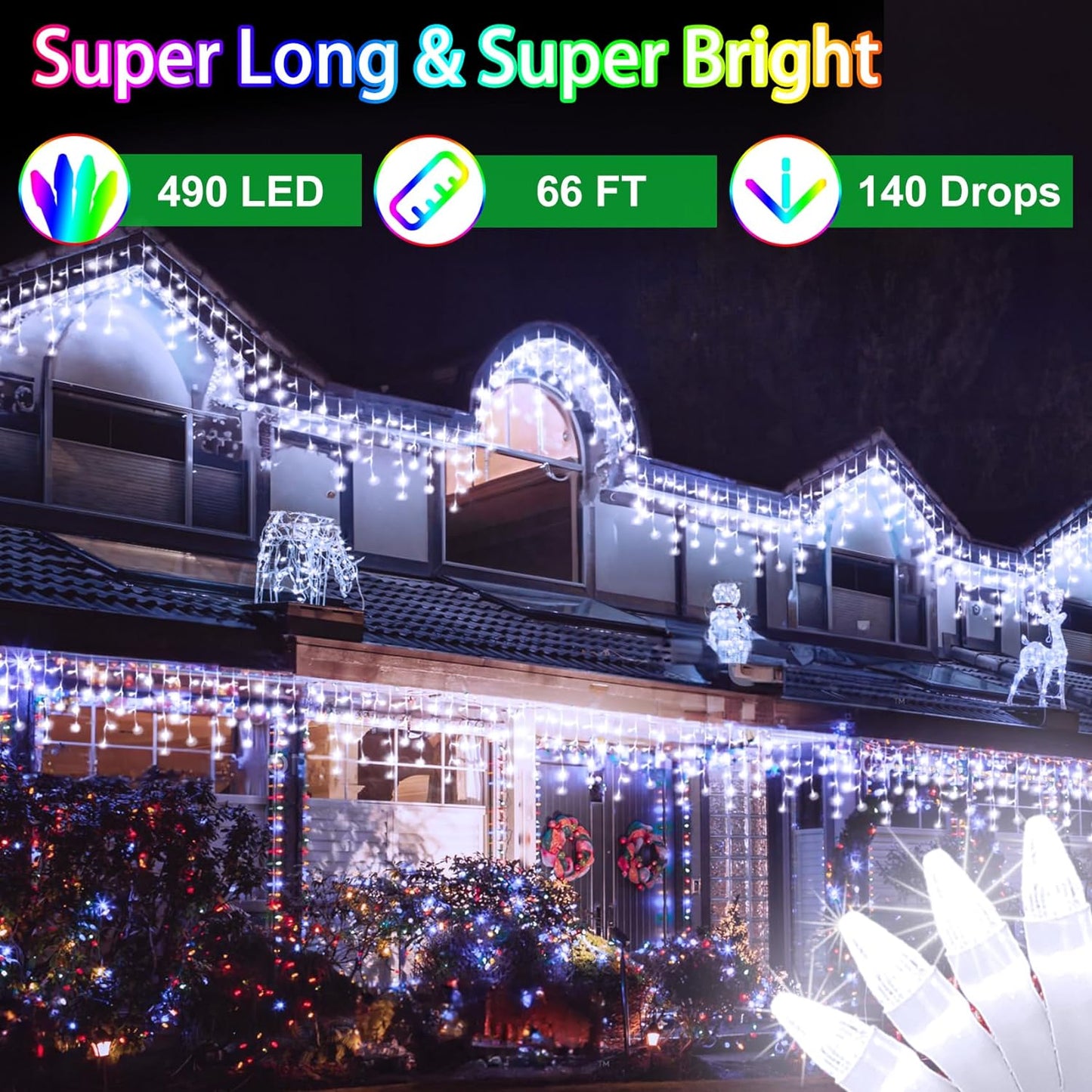 66ft LED Christmas Lights Outdoor with 140 Drops, Christmas 490 LED 8 Lighting Modes, O