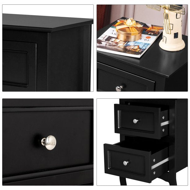 Set of 2 Nightstand Bedroom Bedside Table w/ Drawers Storage, Country Style w/ Metal Handle, Black