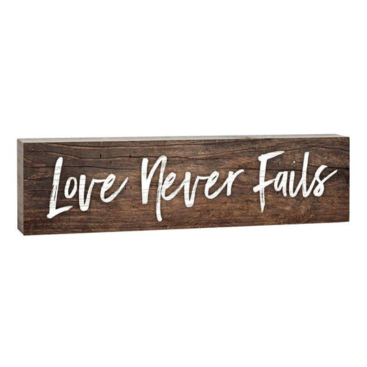 Love Never Fails Distressed 6 x 1.5 Mini Pine Wood Tabletop Sign Plaque