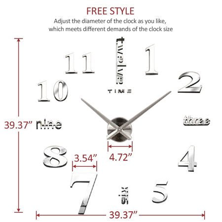 DIY Frameless Large Wall Clock 3D Sticker Modern Mute Mirror Surface Home Office Decoration Gift, Silver