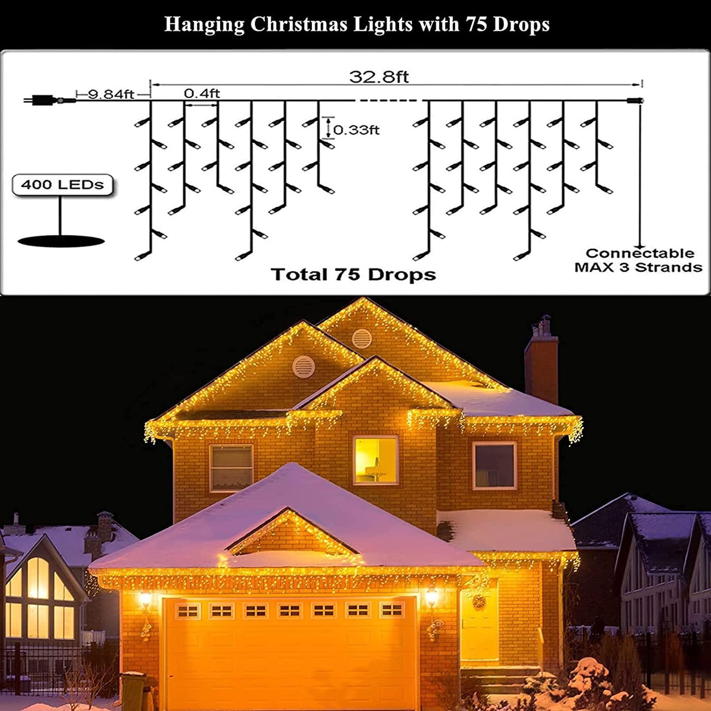 Warm White Led Christmas Lights Outdoor Christmas Decorations Hanging Lights 400LED 8 Modes 75 Drops