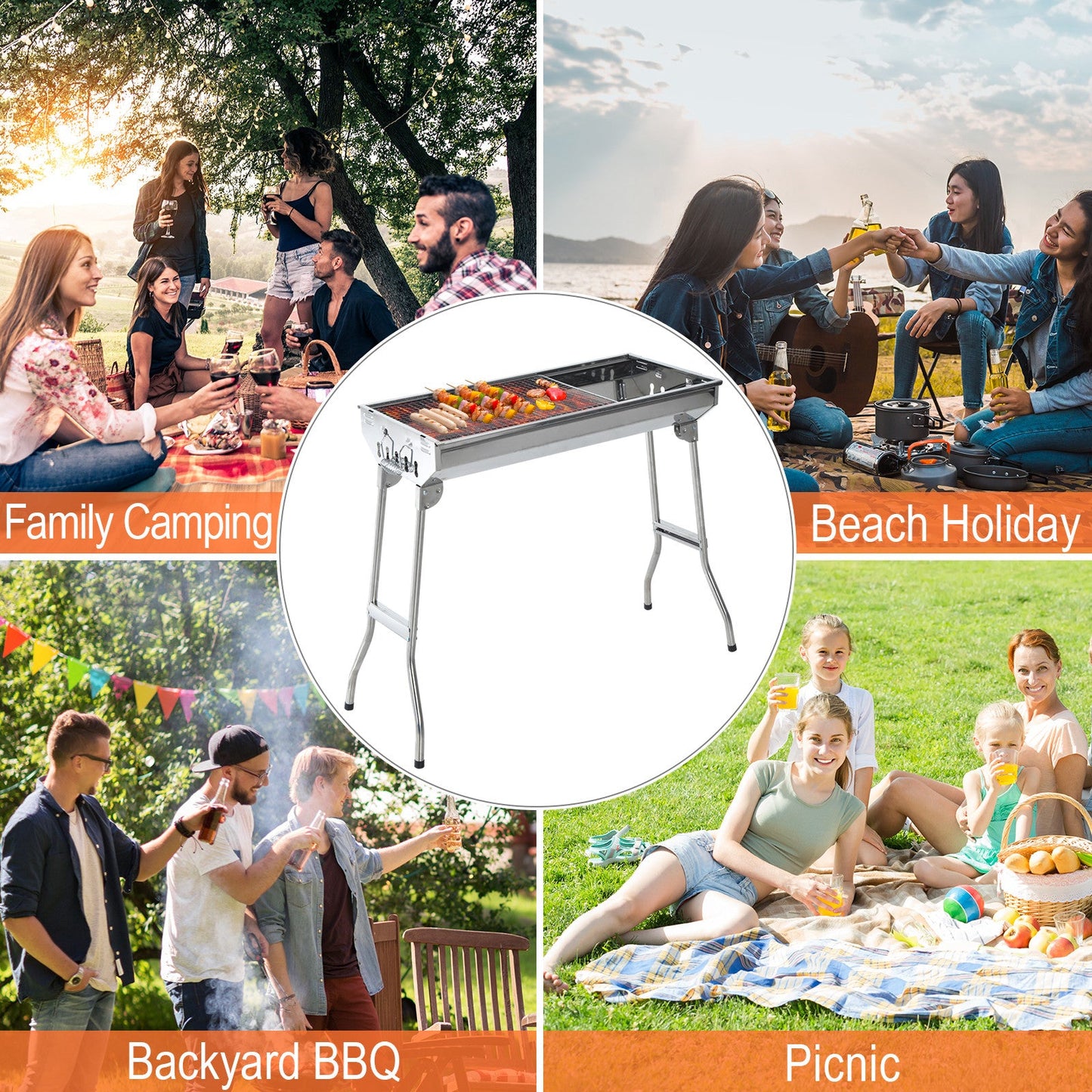 28" Stainless Steel Small Portable Folding Charcoal BBQ Grill Set