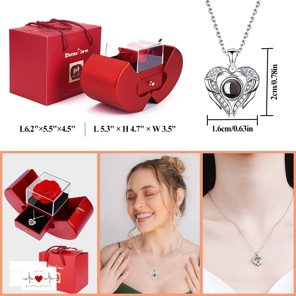 Valentines Day Gifts Preserved Real Rose w/ 925 Sterling Silver Necklace, Gifts for Her, Red