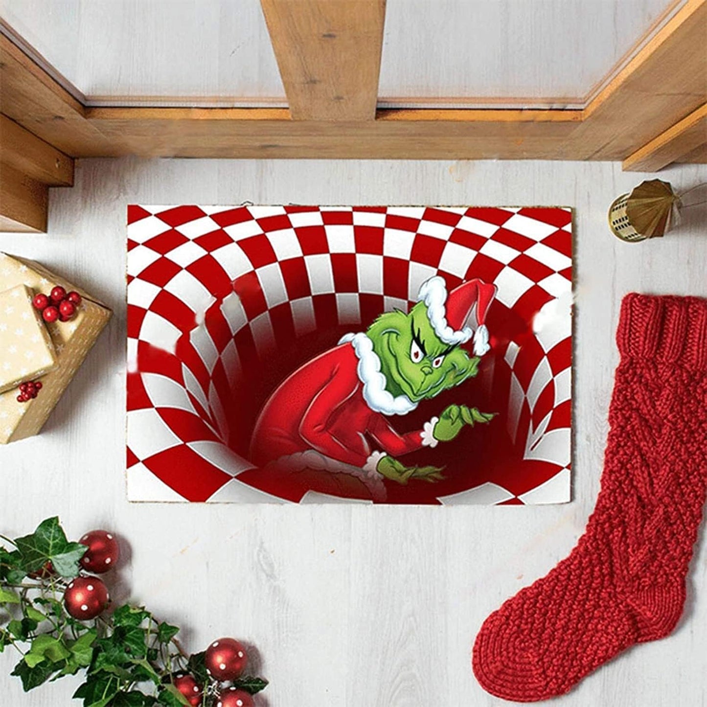 Christmas 3D Illusion Doormat Non-Slip Floor Mat  Suit for Any Deck, Patio, Porch, Veranda (50 * 80CM, Red)