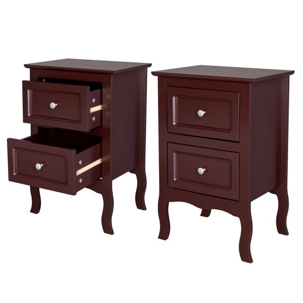 Set of 2 Nightstand Bedroom Bedside Table w/ Drawers Storage, Country Style Night End Table w/ Handle Brown