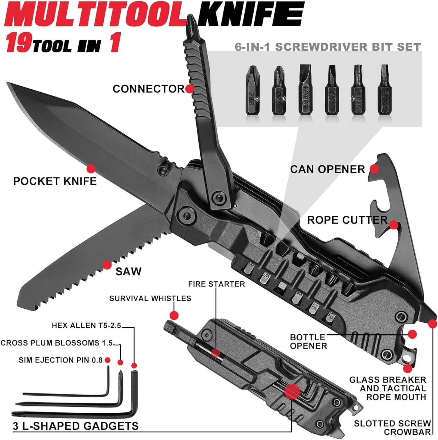 19-in-1 Pocket Knife Multitool - Camping, Outdoor Gifts for Dad, Husband, Brother, Uncle, Grandpa - Stocking Stuffers for Christmas, Birthdays