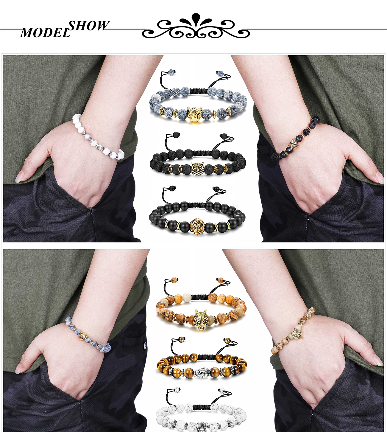 6PCS Mens 8mm Bead Bracelets Set Natural Stone