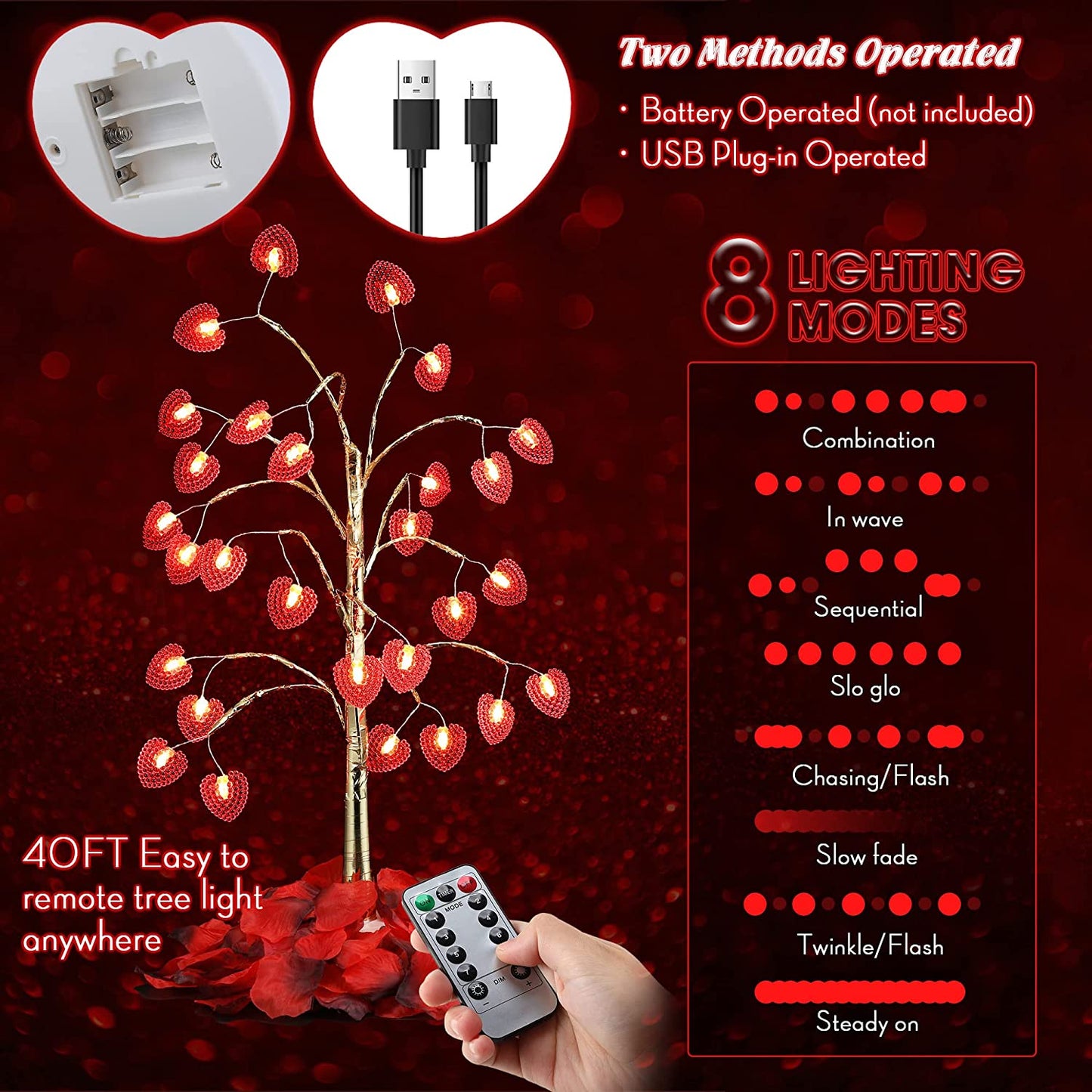 17 Inch Valentines Day Decor Lighted Tree, Tree Lights with 28 LED Heart Lights