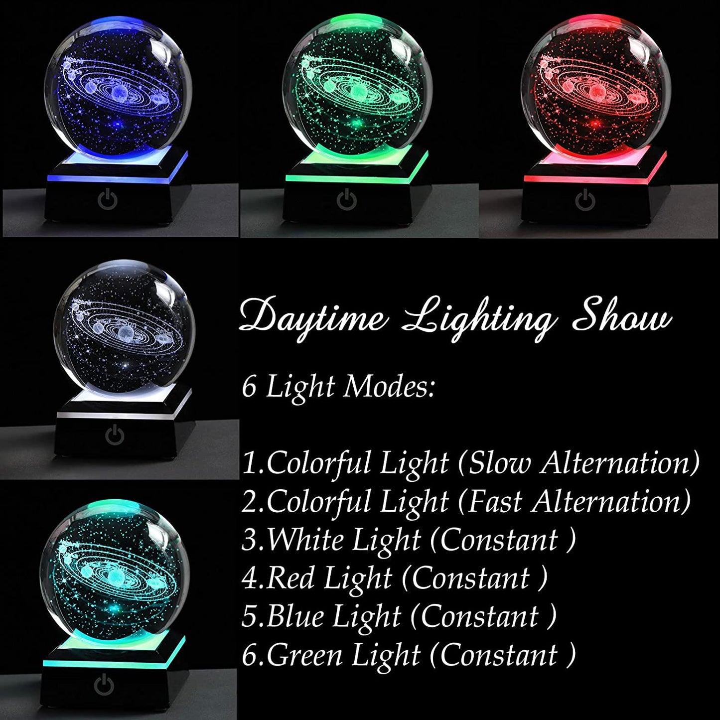 3D Solar System Crystal Ball with LED Colorful Lighting Touch Black Base, Science Astronomy