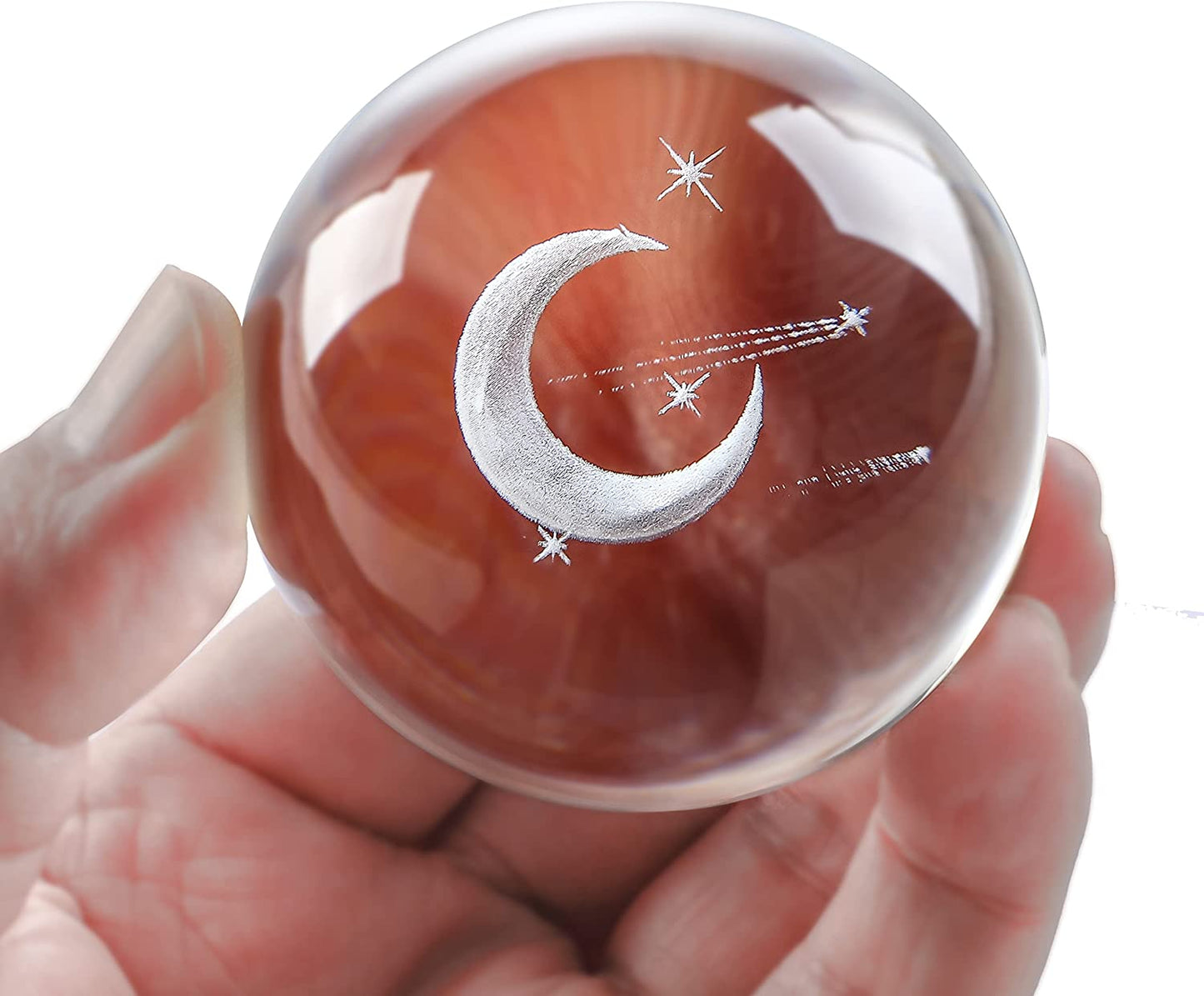 60mm Crystal Ball w/ Stand 3D Glass Laser Engraved Moon Sphere Paperweights w/ LED