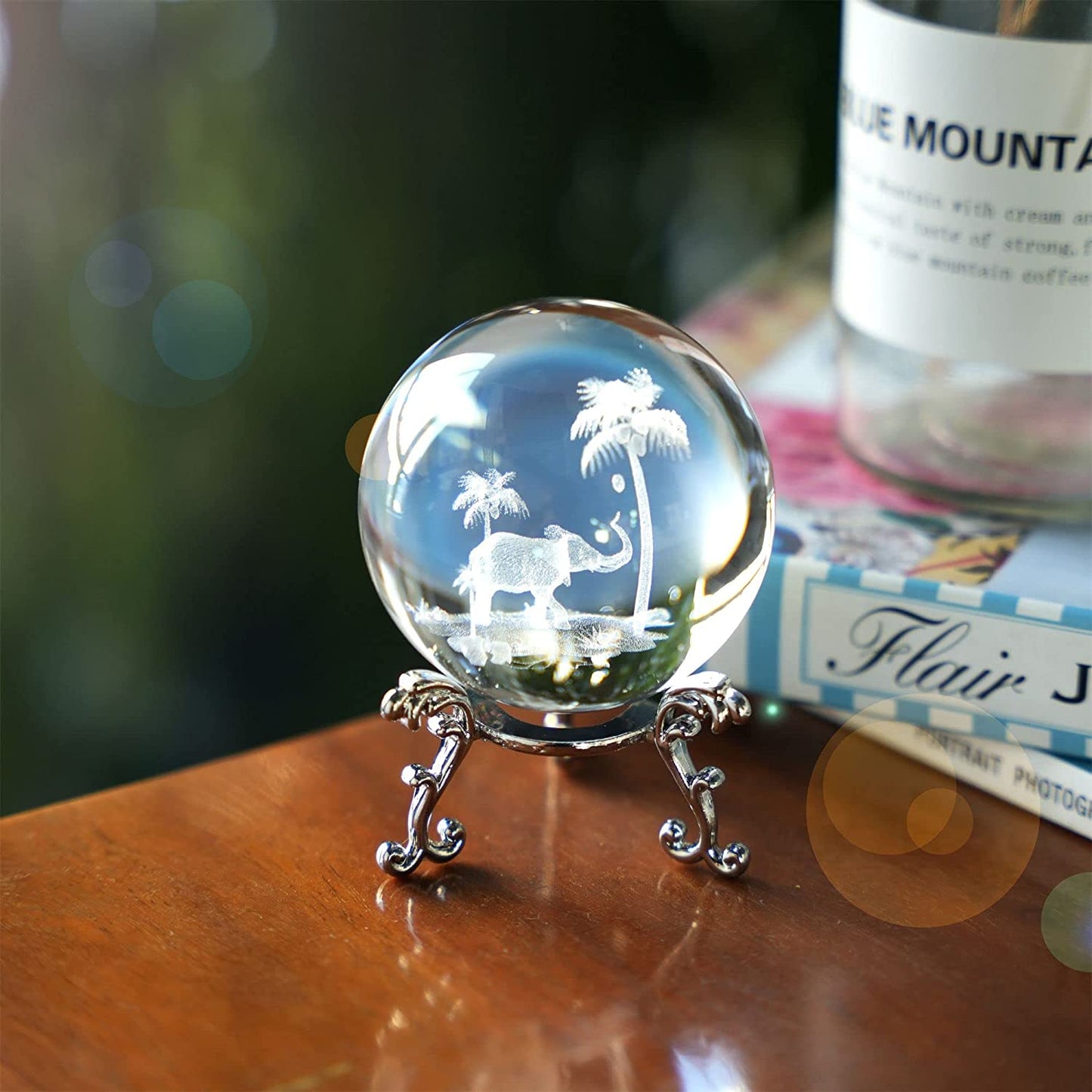 Tropical Elephant Crystal Ball Paperweight w/ Stand 60mm 3D Laser Engraved (Clear) Elephant-2