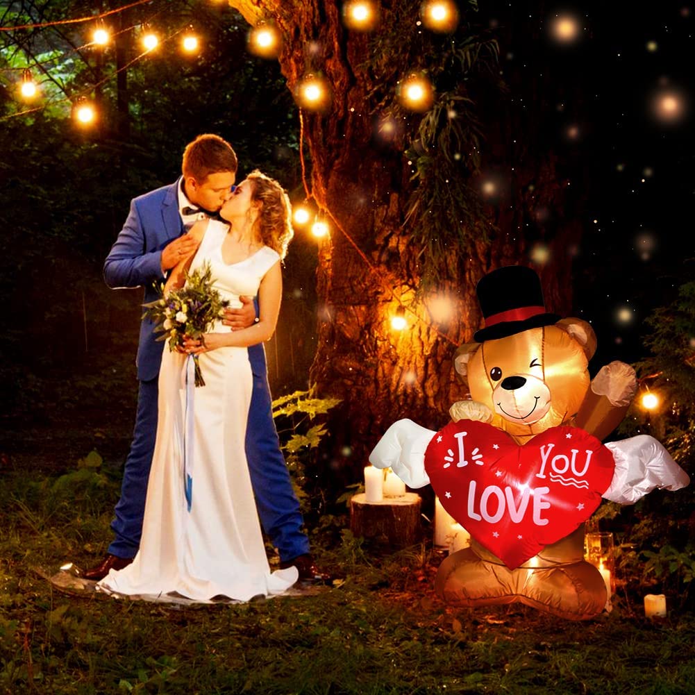 4 FT Valentines Day Inflatable Teddy Bear Outdoor Decoration w/ Love Heart, LED Light