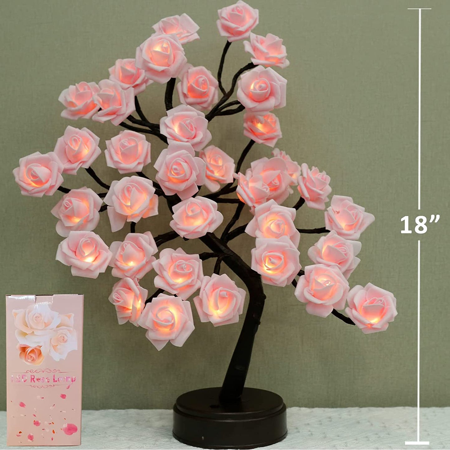 Rose Lamp Gift Mothers Day Decor, 36LED Pink Rose Tree USB/Battery