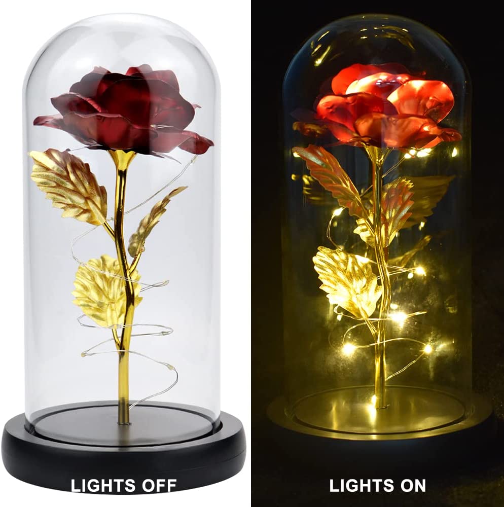 Galaxy Rose in Glass w/ LED Light, Colorful Rose Flower, Valentine's Day (10.2X5.5X5.5in) (Red)