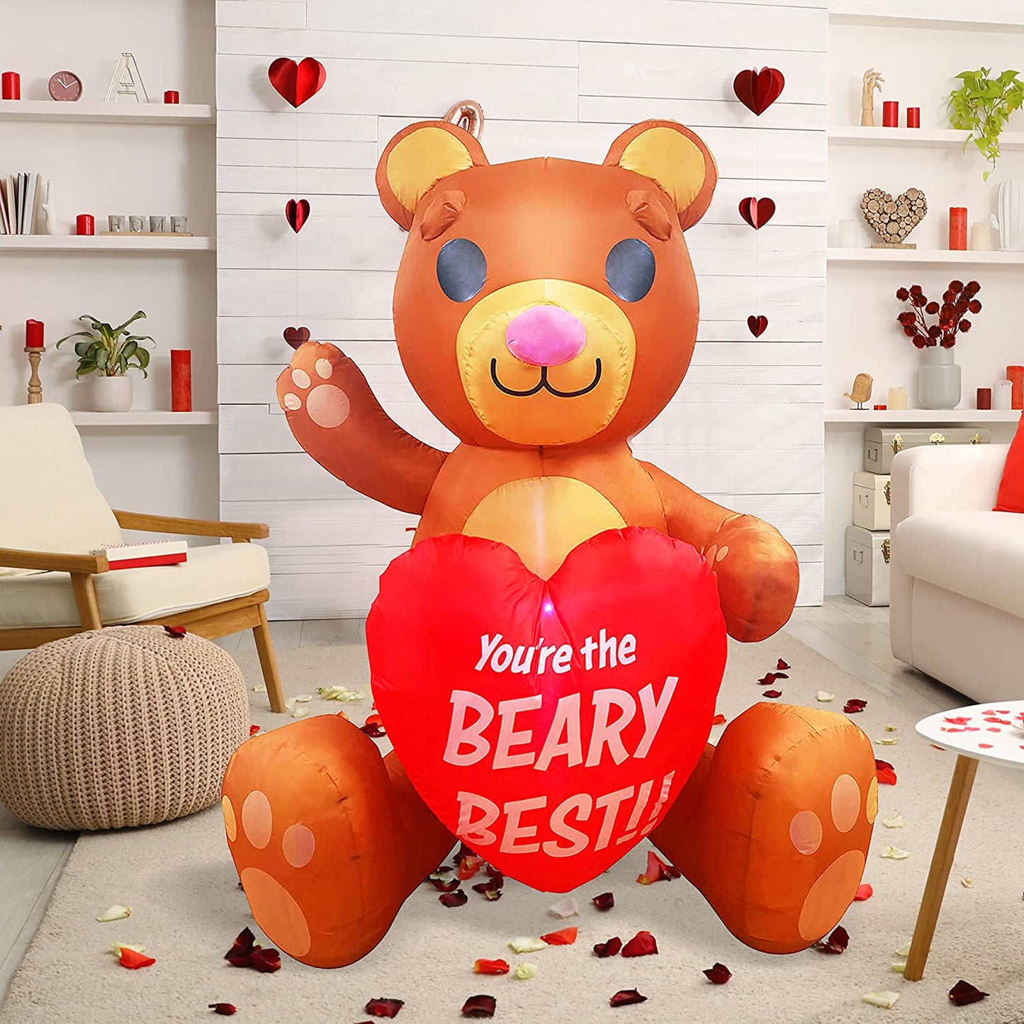 6 FT Valentines Day Inflatable Teddy Bear Holding Heart, Lighted LED