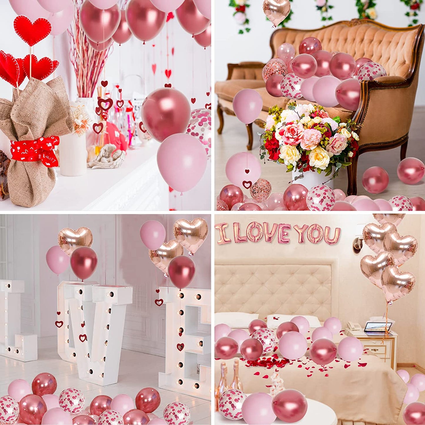 Valentines Day Balloons Kit with Rose Gold Pink Heart Balloons Rose Petals