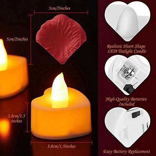 12 Pieces Heart Shape LED Tealight Candles w/ 200 Pieces Silk Rose Petals (Yellow Light, Dark Red Petal)