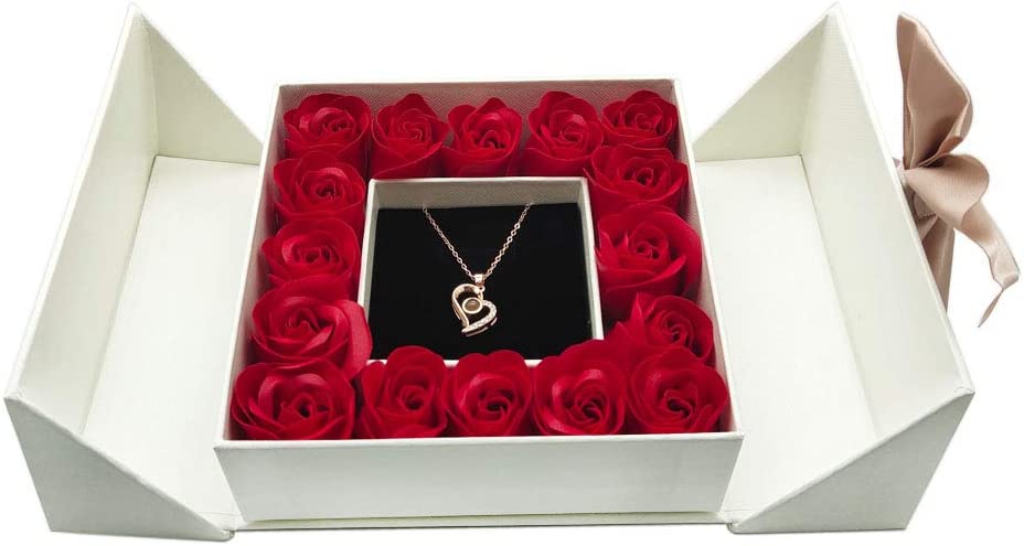 Preserved Red Rose Gift Box Handmade w/ Beautiful Necklace 100 Language Love You (white, heart)