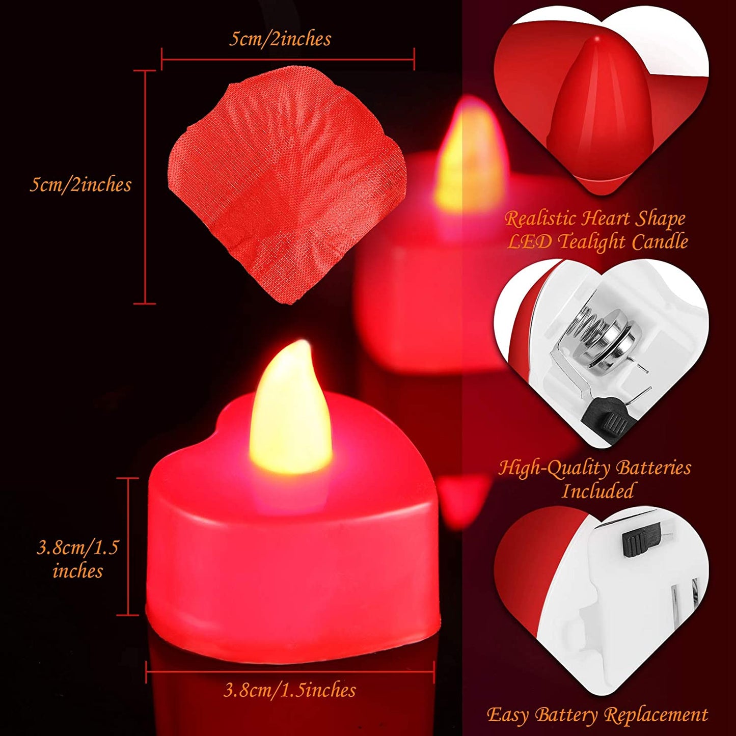 12 Pieces Heart Shape LED Tealight Candles w/ 200 Pieces Silk Rose Petals (Red Light, Red Petall)