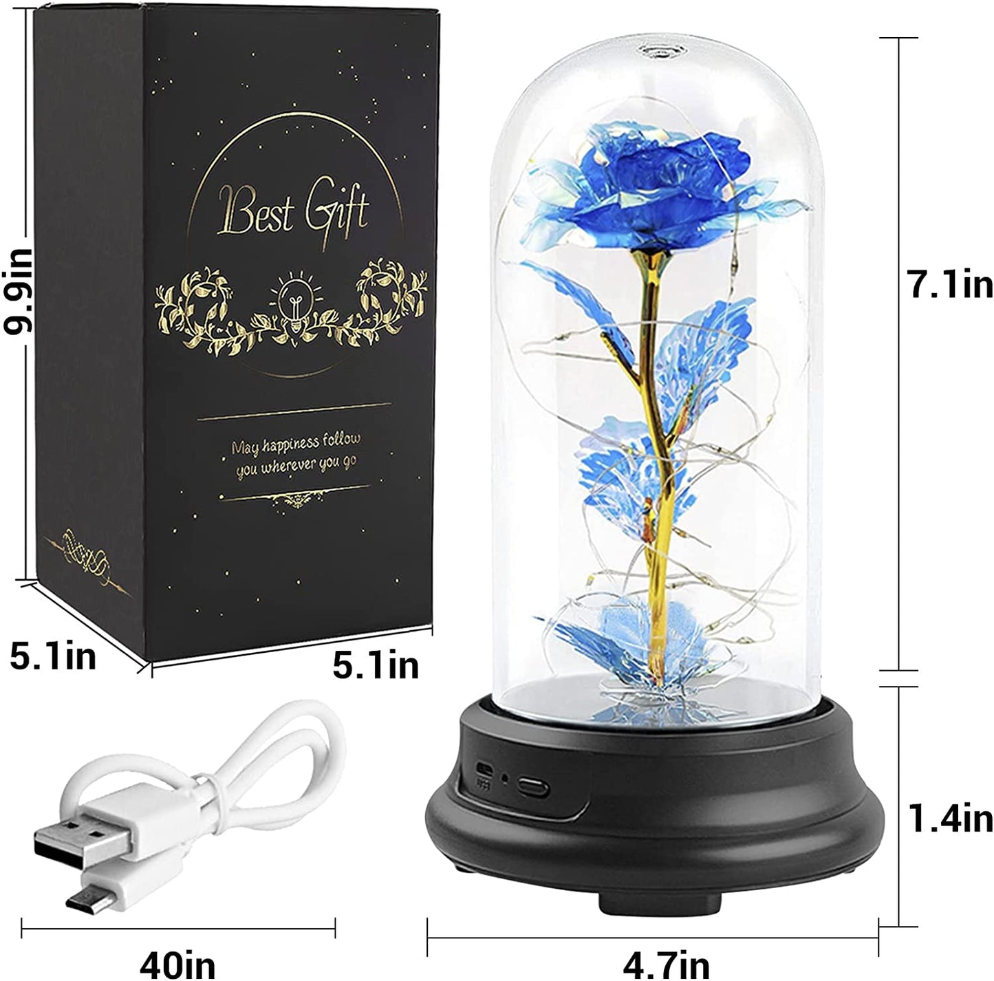 Glass Rose, Galaxy Light Up Rose in Glass Dome with Two Glitter Modes, Golden Blue