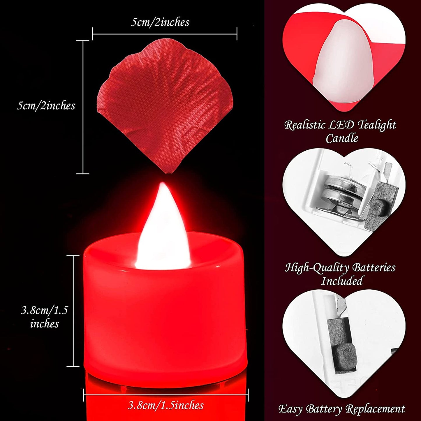 600 Pieces Valentine's Day Artificial Rose Petals w/ 12 Pieces LED Tea Lights Candle (Red Light)