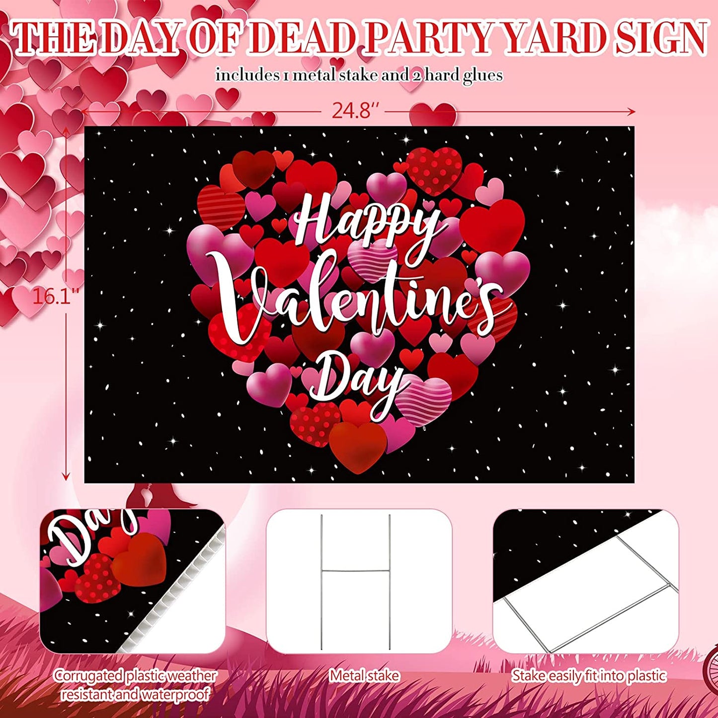 Valentine's Day Party Yard Sign Happy Valentine's Day Conversation Hearts w/ Stakes