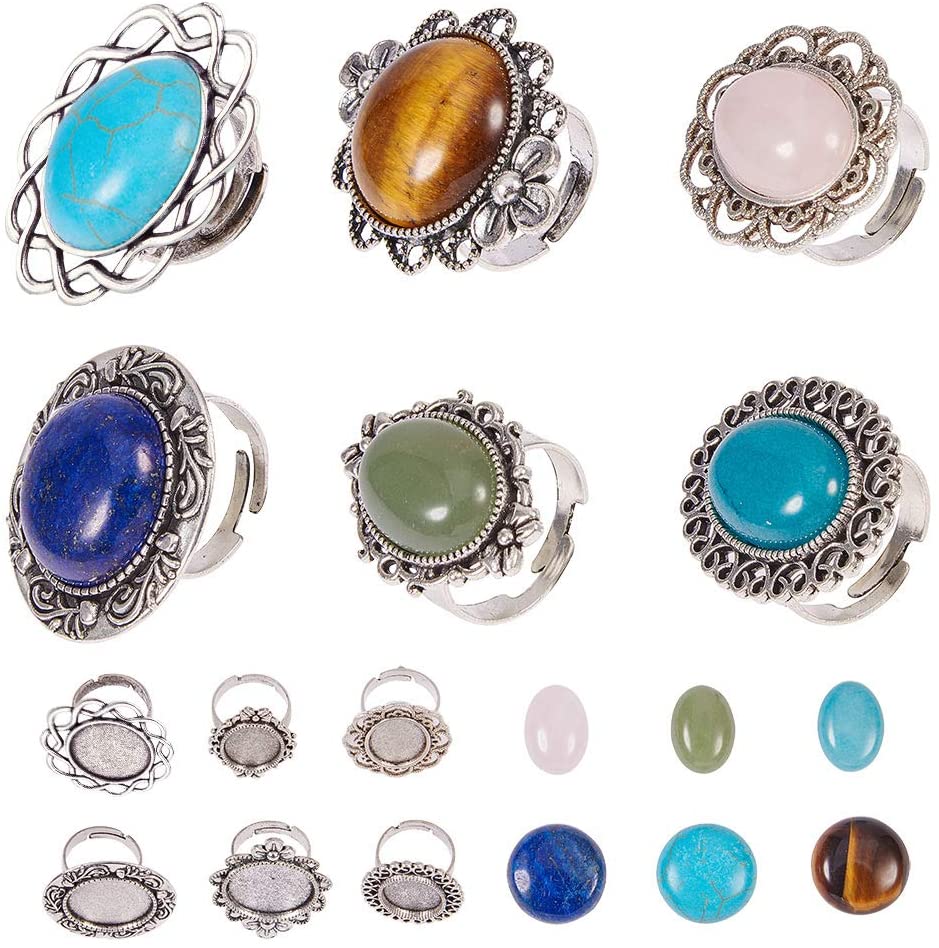 6Pcs Adjustable Antique Silver Flower Cabochon Rings for Women