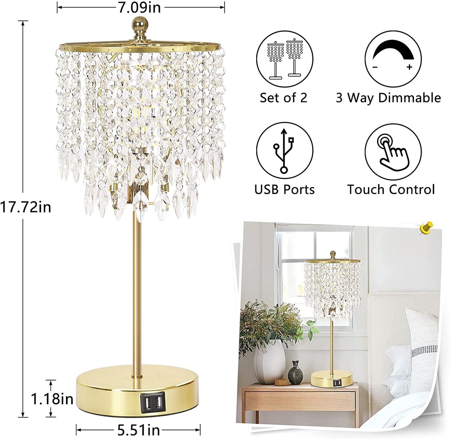 Crystal Touch Control Table Lamp w/ 2 USB Charging Ports