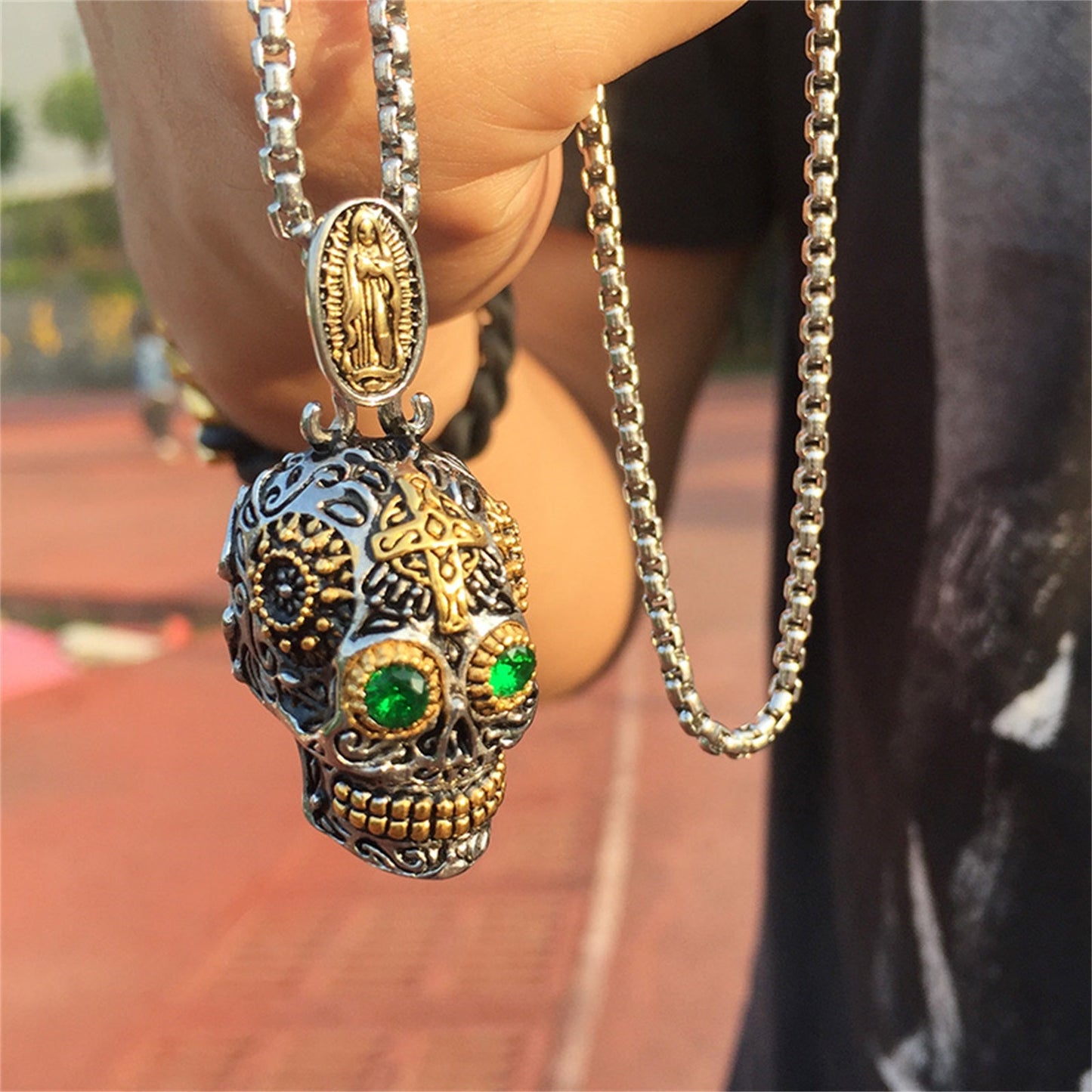 Punk Skull Green Eye Pendant Necklace for Men & Women