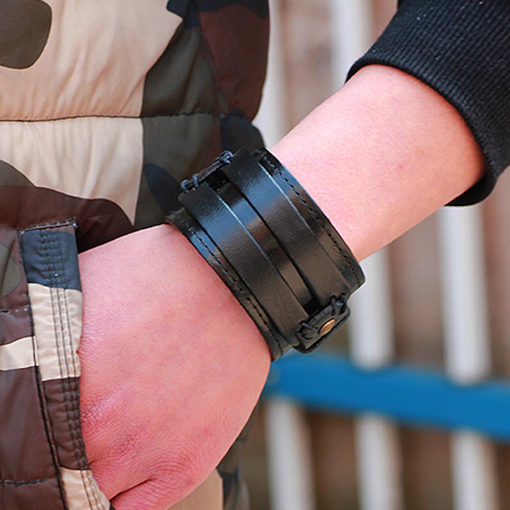 Men's Punk Rock Leather Wide Cuff Wristband Bracelet