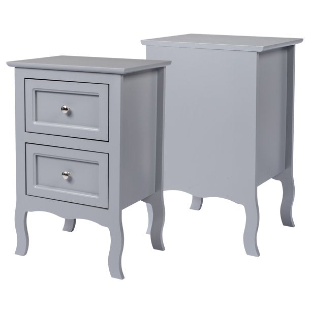 Set of 2 Nightstand Bedroom Bedside Table with Drawers Storage, Country Style Night End Table with Mental Handle, Gray